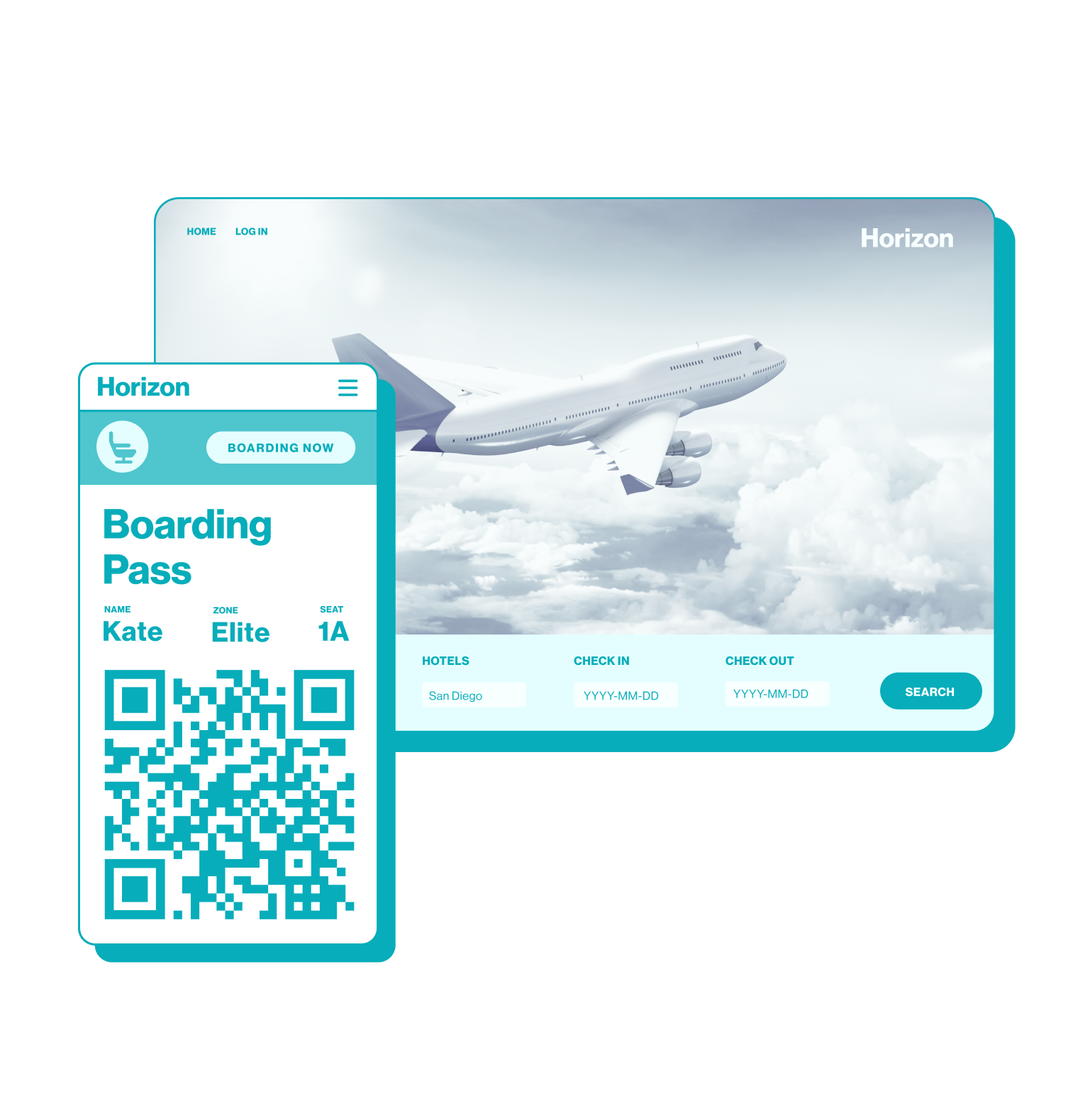 Airplane boarding pass digital interface.