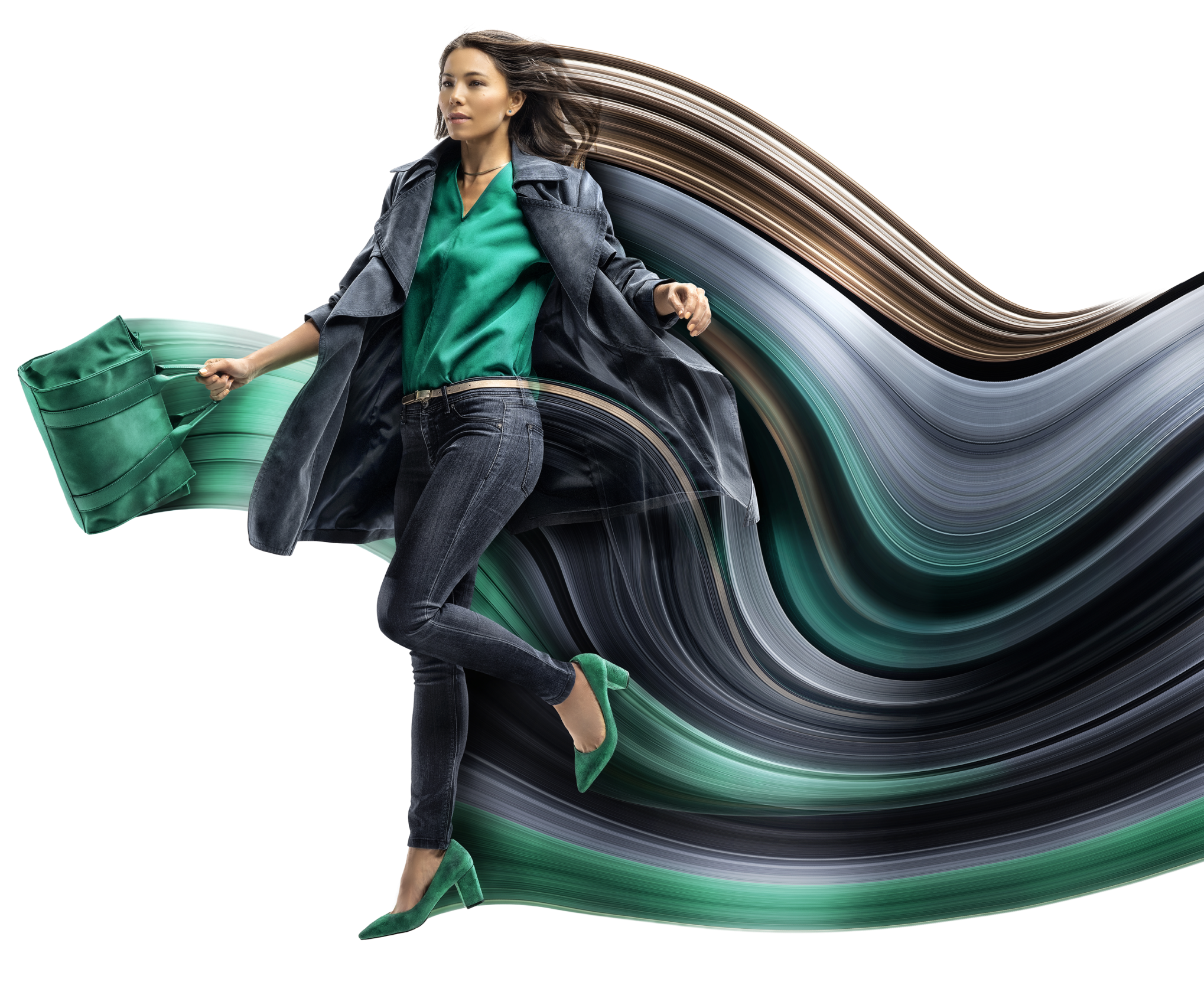Business woman with bag in hand, leaping ahead.