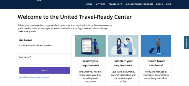 The Travel Ready Center by United Airlines showing different workflows