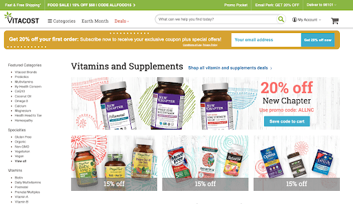 Vitacost website showing vitamins and supplements